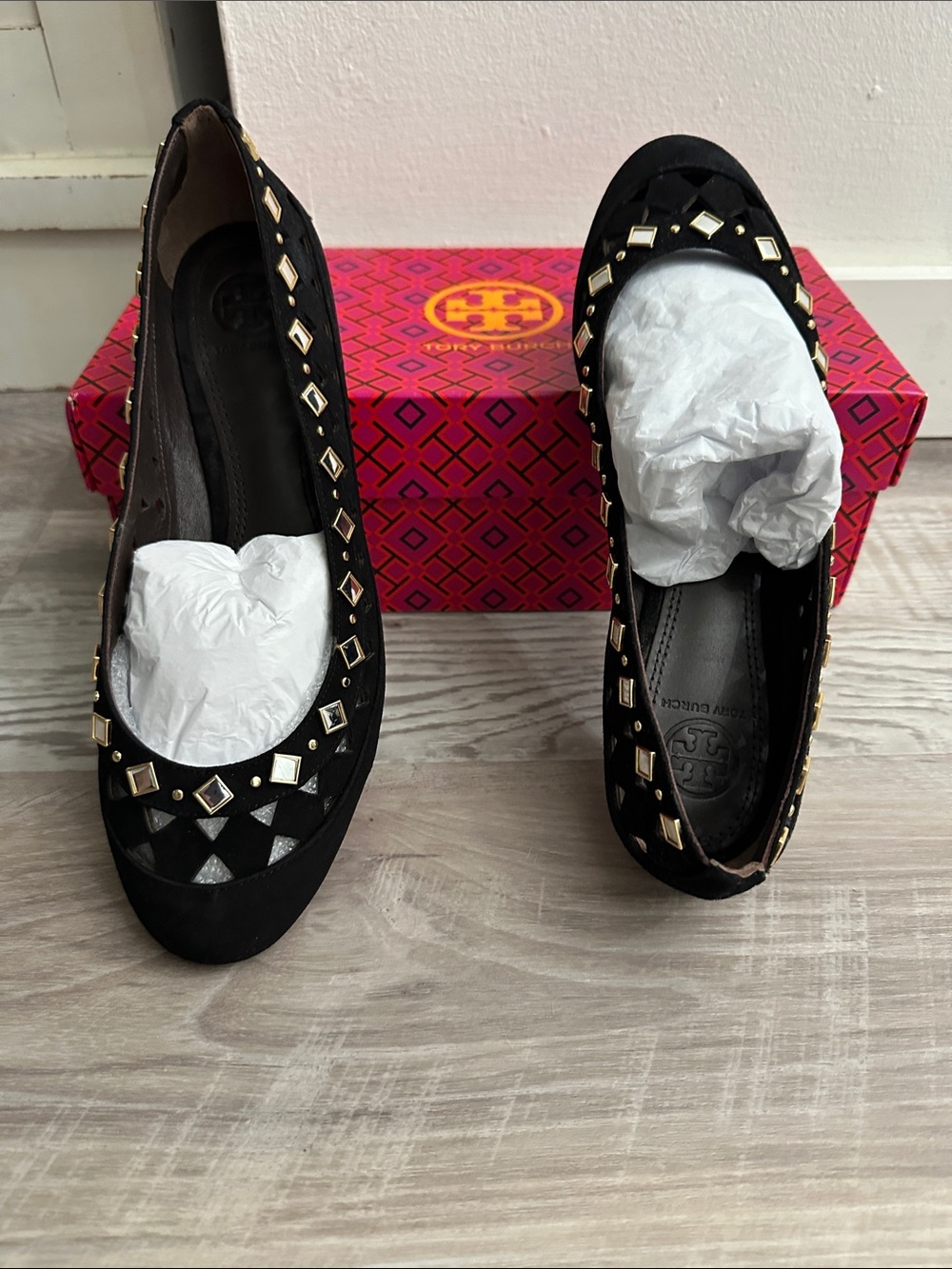 Tory Burch Black Suede Studded Ballet Flats with Gold Accents